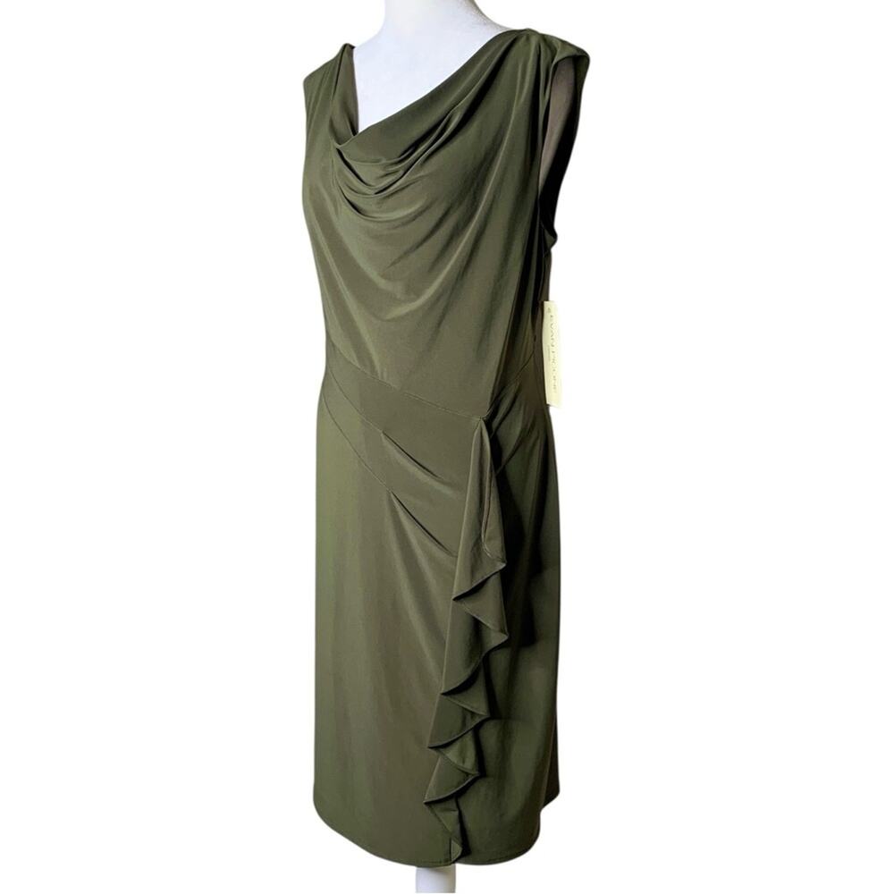 NWT Evan Picone Draped Cowl Neck Dress 12 Olive Green Goddess Ruffle Sheath - Picture 2 of 12